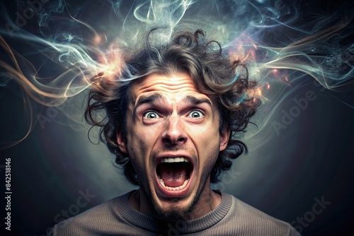 A person with bipolar disorder experiencing a manic episode, characterized by heightened energy, racing thoughts, and impulsive behavior, bipolar disorder, manic episode, mental health photo