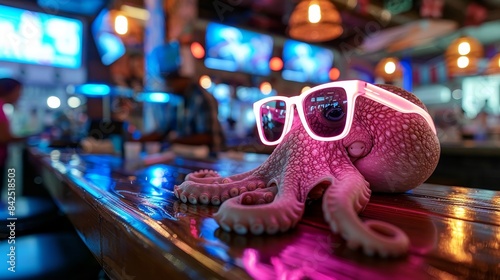 Vibrant octopus with sunglasses in psychedelic ocean scene playful marine life art