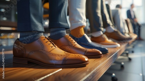 Close-up of stylish men's formal shoes in a row on a bench. Indoor setting with people in the background, highlighting fashion and quality. © Tamara