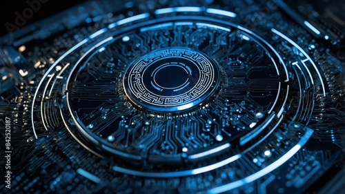 A bold, shield-shaped emblem occupies the center, symbolizing protection and strength, with intricate patterns of circuitry embedded within to represent cybersecurity