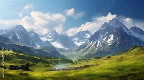 Mountain landscape panorama. Panoramic view of high mountains.