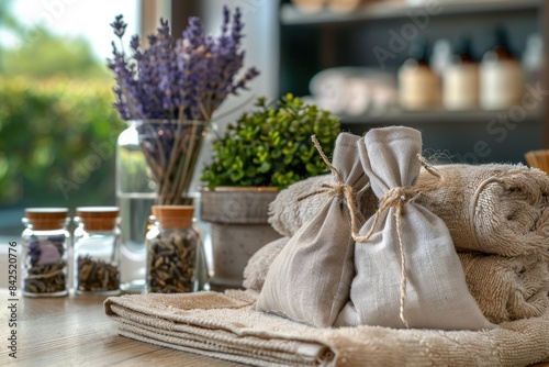 Towels Spa. Aroma Bodycare with Herbal Bags in Beautiful Spa Background