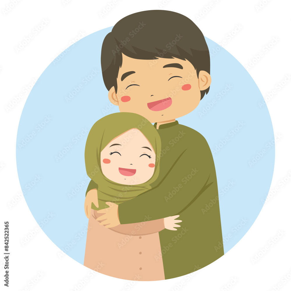 Muslim father hugging daughter. Happy Muslim family vector character Muslim father hugging daughter. Happy Muslim family vector character