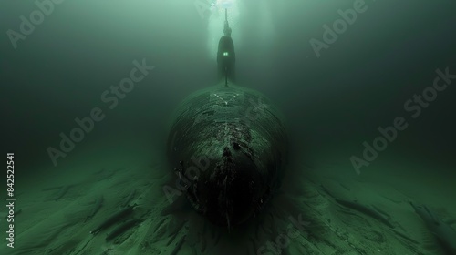 Underwater image of a nuclear submarine in military defense concept, captured in the depths photo