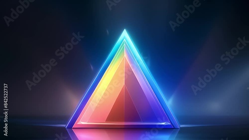 Abstract, wallpaper and pyramid light or holographic prism for blue glow, energy or crystal. Black background, dark and symmetrical pattern with rainbow colors for triangle jewel, geometric or magic