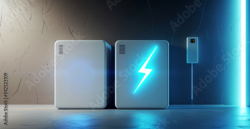 3D rendering of two square charging boxes with a blue lightning icon  photo