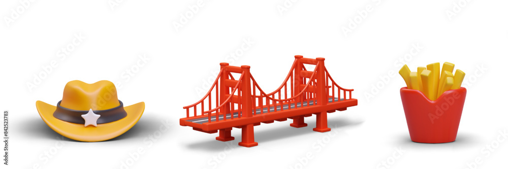 Obraz premium Set of icons, symbols of America. Sheriff hat, Golden Gate Bridge, French fries