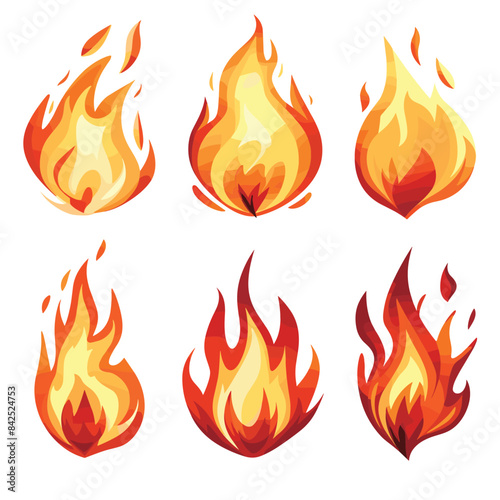 Six different cartoon flame graphics illustration. Vivid orange red hues showcase fire various stylized shapes. Hot, burning fire designs suitable icons game graphics