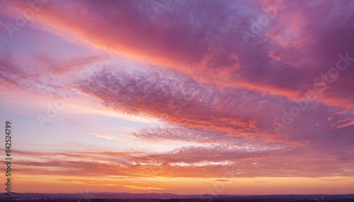 Real majestic sunrise sundown sky background with gentle colorful clouds without birds. Panoramic  big size