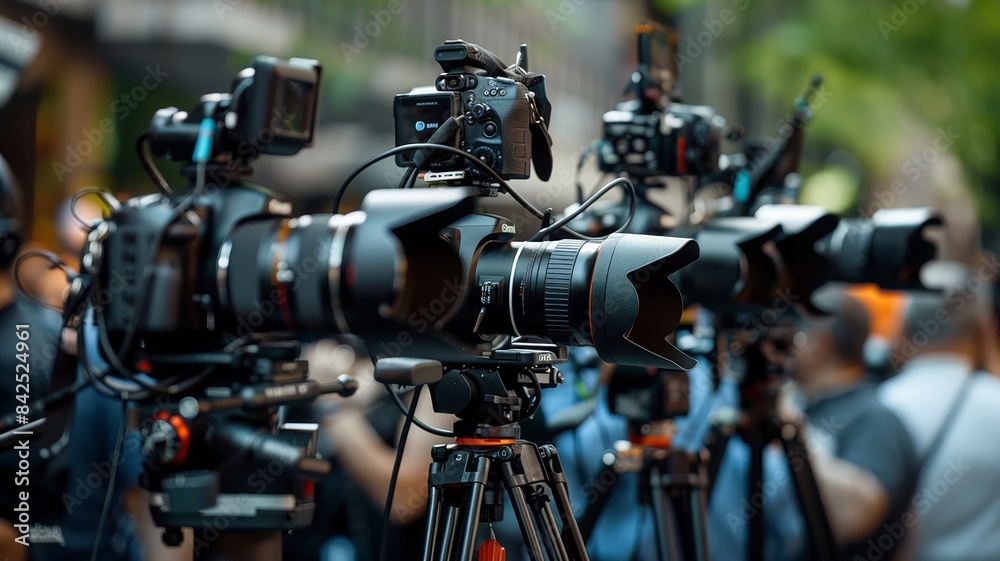 Professional Journalist Reporting Breaking News in a Modern Studio with Advanced Communication Media and Technology Professional Journalist Reporting Breaking News in a Modern Studio with Advanced Communication Media and Technology