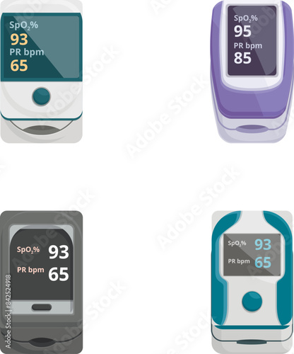 Illustration of four different designs of pulse oximeters, used for measuring blood oxygen saturation and pulse rate
