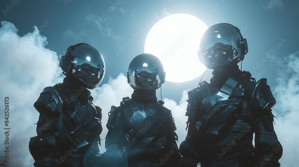 Three futuristic astronauts standing under a full moon with a misty atmosphere. The image evokes a sense of exploration, mystery, and advanced technology. Three futuristic astronauts standing under a full moon with a misty atmosphere. The image evokes a sense of exploration, mystery, and advanced technology.