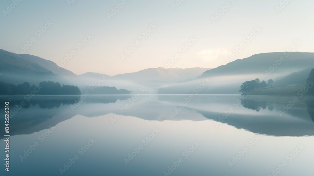 Obraz premium Serene Lake with Misty Mountains - Tranquil Nature Landscape at Dawn