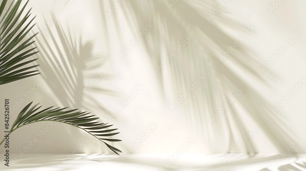 Fototapeta premium Minimalistic summer background with blurred palm leaf shadows on cream wall