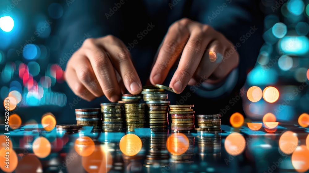 a businessman's hand delicately placing coins on a sleek table, with a backdrop of a dynamic stock market graph and chart, evoking the essence of financial transactions and investment decisions. a businessman's hand delicately placing coins on a sleek table, with a backdrop of a dynamic stock market graph and chart, evoking the essence of financial transactions and investment decisions.