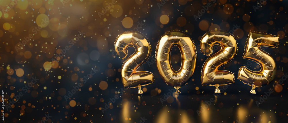 HAPPY NEW YEAR 2025 - Festive silvester party celebration holiday, new year's eve concept greeting card - Golden year number date balloons, isolated on black table background HAPPY NEW YEAR 2025 - Festive silvester party celebration holiday, new year's eve concept greeting card - Golden year number date balloons, isolated on black table background