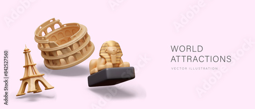 World attractions. Colosseum, Eiffel Tower, Great Sphinx