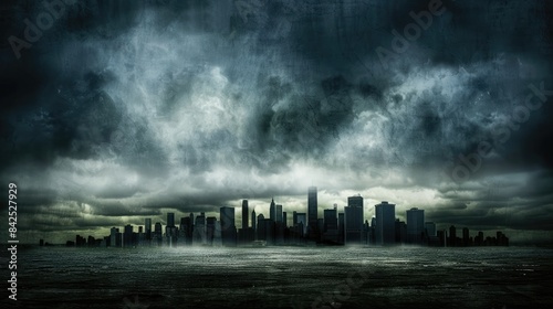 a city skyline shrouded in dark clouds and rain, evoking a sense of impending doom and representing the tumultuous end of an era amidst natural disaster or war. photo