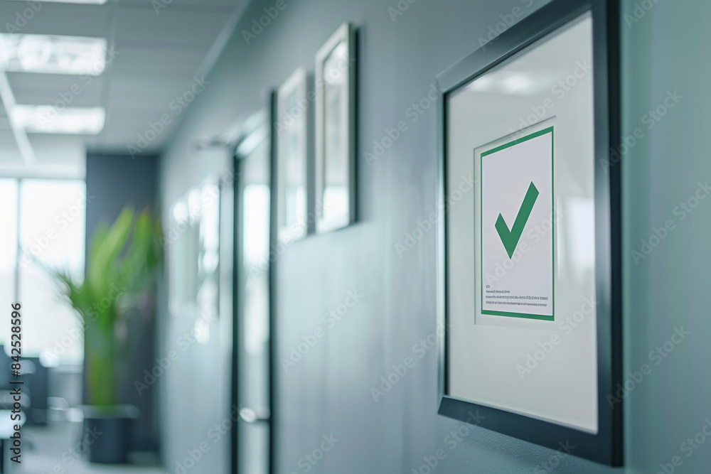A framed certificate hanging on a wall, with a bold, green checkbox ...