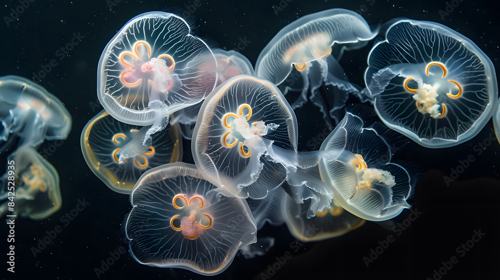 Group of white translucent jellyfish floating in dark black background Group of white translucent jellyfish floating in dark black background