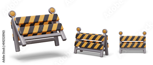 Movable barricade in different positions. Set of temporary fence elements