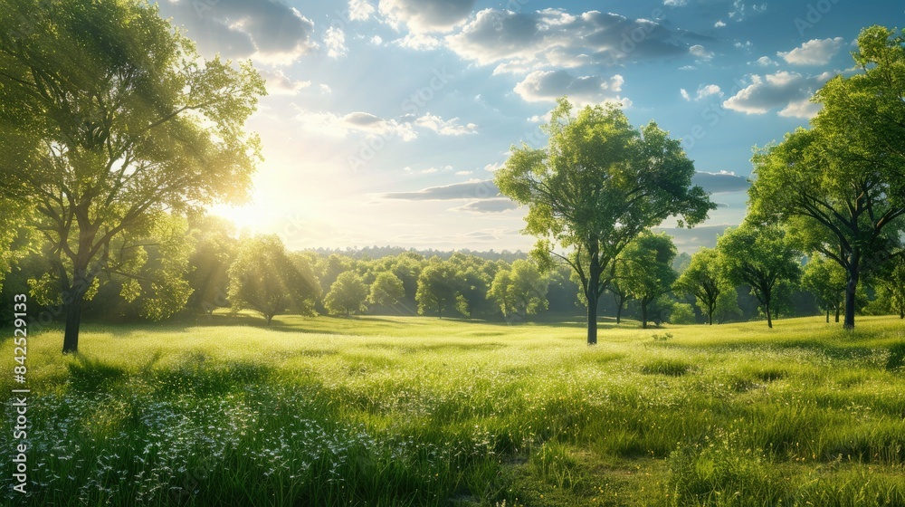 Landscape in summer with trees and meadows in bright sunshine AI generated Landscape in summer with trees and meadows in bright sunshine AI generated