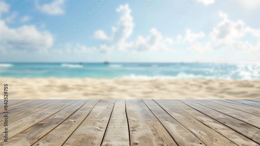 Fototapeta premium Blurred sand beach background with wooden floor