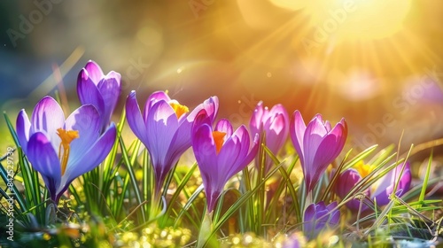 Spring flowers lavender crocuses among green grass in the sunlight AI generated © Lisa_Art