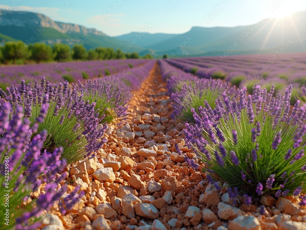 Fototapeta premium Lavender Fields: Endless fields of blooming lavender stretching to the horizon, under a clear, sunny sky.