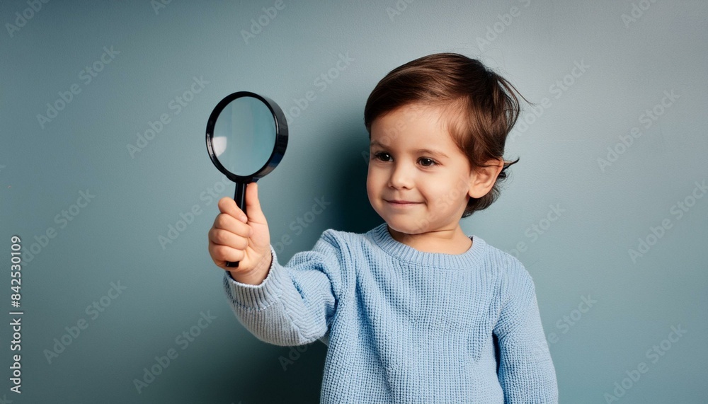 Smart todler kid hand holding magnifying glass on blue background, learning, exploring and searching concept. Smart todler kid hand holding magnifying glass on blue background, learning, exploring and searching concept.