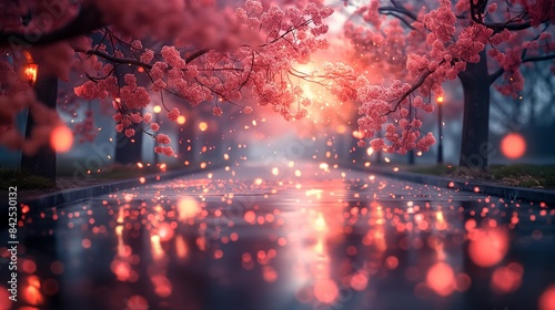 Enchanting Cherry Blossom Pathway Illuminated at Dusk
