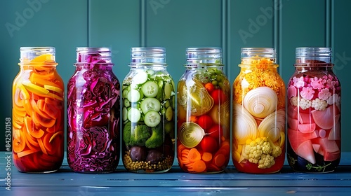 A vibrant collection of assorted fermented foods displayed in clear glass jars, featuring a colorful array of textures and hues from vegetables and fruits, symbolizing healthy probiotic rich cuisine photo