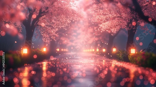 Illuminated Pathway Through Cherry Blossom Trees at Night