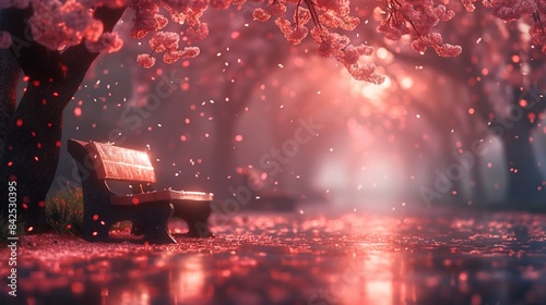 Serene Park Bench Under Cherry Blossom Trees in Bloom