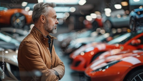 Man standing in front of row of cars at automotive showroom