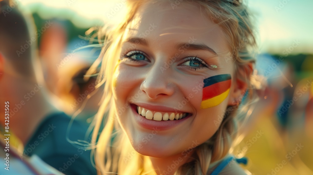 A blonde German woman with the flag painted on her cheek smiles at an event celebrating football in Germany A blonde German woman with the flag painted on her cheek smiles at an event celebrating football in Germany