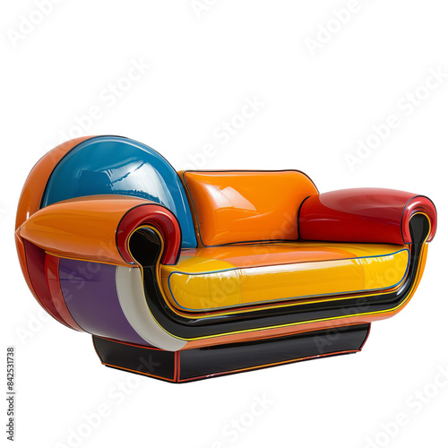 A colorful, modern sofa with bold geometric shapes and vibrant colors.  The couch is a statement piece with a unique design. photo