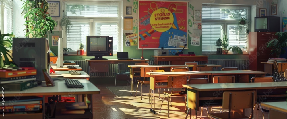 A classroom from the 1980s, complete with colorful posters, a computer, and students in retro clothing A classroom from the 1980s, complete with colorful posters, a computer, and students in retro clothing