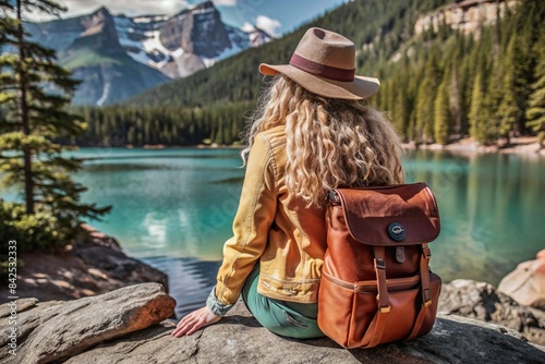 Hiking, summer hiking. A woman with curly blond hair sits on a rock with a backpack on her back against the backdrop of a picturesque lake and mountains.