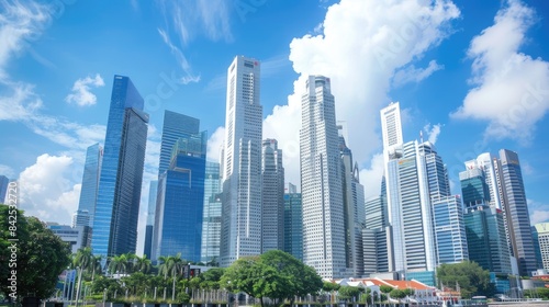 skyscrapers in the cityscape from a ground-level perspective  against the backdrop of a clear blue sky and the pristine white facades of a bustling business center.