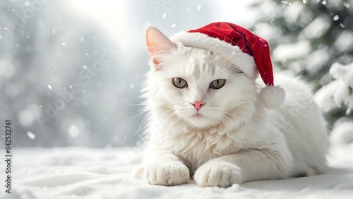 Beautiful white Cat wearing a red Santa hat is sitting on the snow with blurred background.