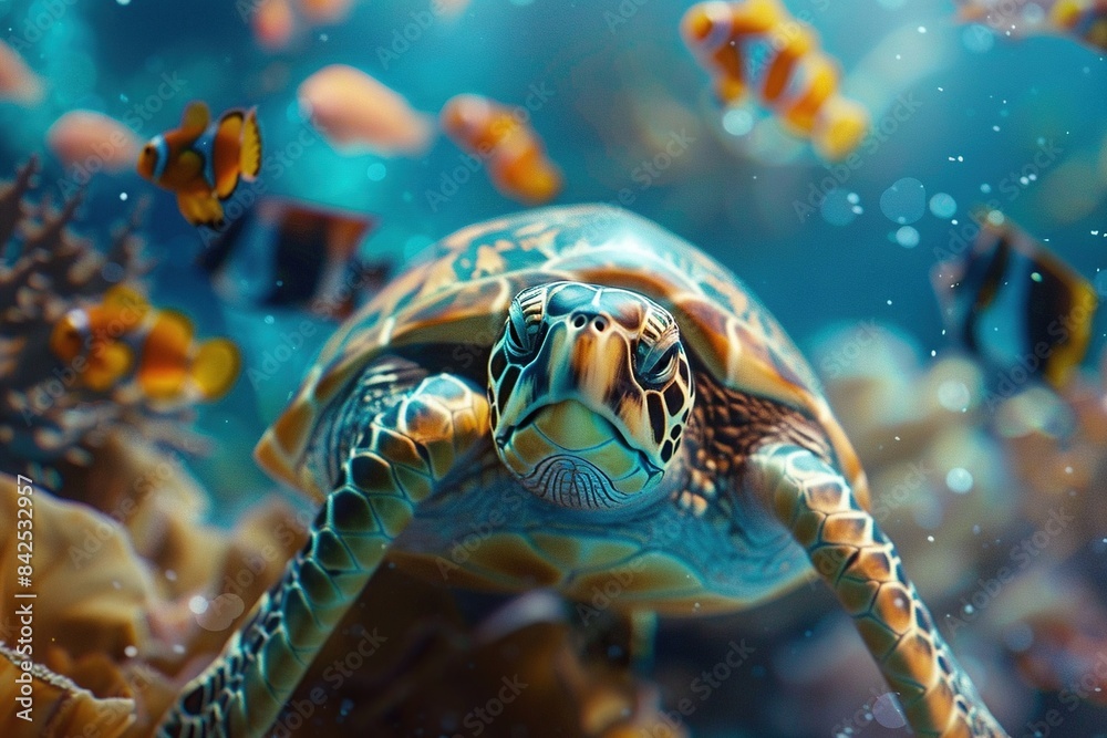 Sea turtle in the coral reef surrounded by many fish. Ai generative Sea turtle in the coral reef surrounded by many fish. Ai generative