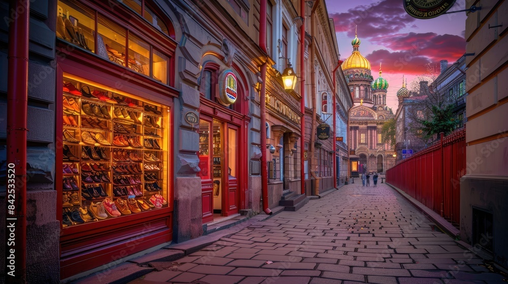 Fototapeta premium an empty city street bathed in the warm glow of a summer sunset, featuring a prominent red fence in the foreground and vintage buildings adorned with white window frames