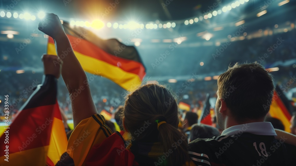 Obraz premium Stolze Fans halten deutsche Flagge im Fußballstadion in Deutschland - Sport Sieg, Triumph, Energie, Gewinner Feier Konzept Hintergrund Illustration 