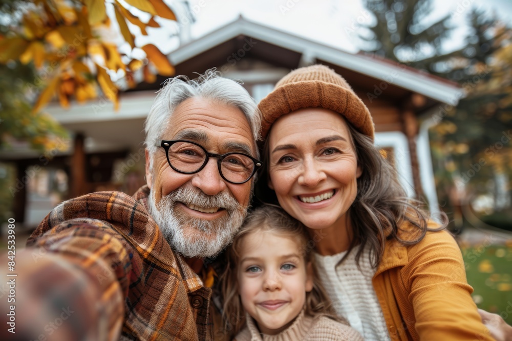 Grandfather, Mother, and Young Daughter Taking a Cheerful Selfie Together in Front of Their Cozy House During Autumn