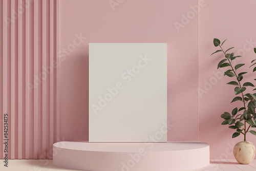 Natural light from a window falling on a pink blank wall. Product display background Beauty product photo background  smooth rectangular pink podium in hard sunlight with palm tree leaf  