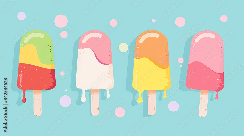 Four popsicles on a blue background. The popsicles are melting. Four popsicles on a blue background. The popsicles are melting.