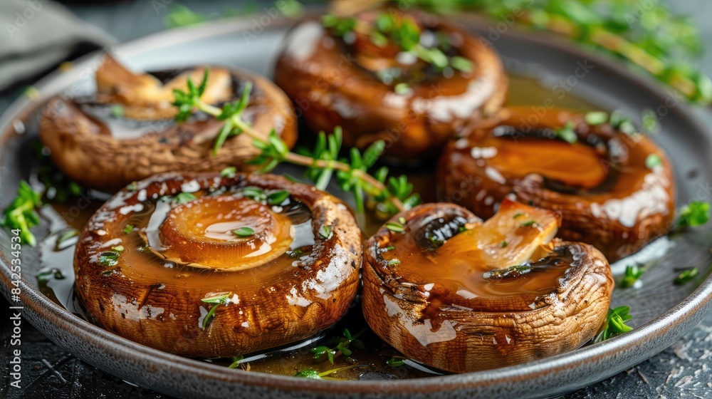 a plate adorned with perfectly grilled mushrooms, delicately drizzled with balsamic vinegar and garnished with fresh herbs, presenting an elegant and flavorful side dish. a plate adorned with perfectly grilled mushrooms, delicately drizzled with balsamic vinegar and garnished with fresh herbs, presenting an elegant and flavorful side dish.