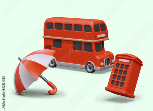British concept in cute 3D style. Red double decker bus, telephone booth, umbrella