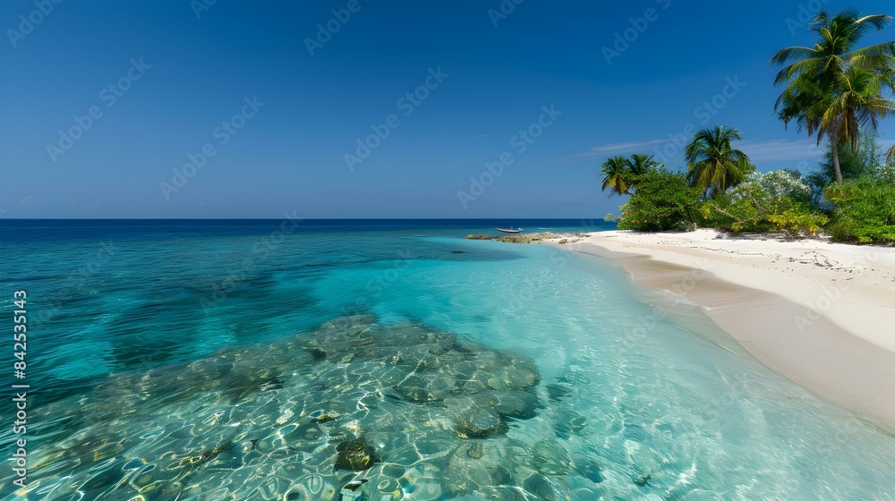 Fototapeta premium A beach with a lagoon surrounded by a coral reef